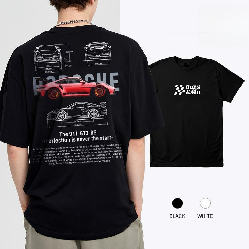 PORSCHE เสื้อยืด 911, เสื้อยืดรถปอร์เช่ 911 ผ้าฝ้าย 100% แขนสั้นถึงลําลองแขนสั้น