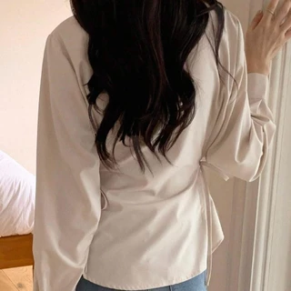 เสื้อเชิ้ตลำลองสตรี สไตล์นักธุรกิจ แขนยาว คอกลม มีสายผูกที่เอว ใส่ง่ายสำหรับทุกโอกาส