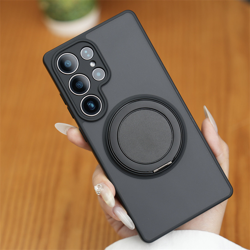 SAMSUNG หรูหรา 360° Rotatabl ขาตั้งโลหะเคสโทรศัพท์แม่เหล็กสําหรับSamsung Galaxy S25 S24 S23 Ultra Plus FE S25Edge Frosted Hard PCปกหลังTPU Soft Edgeปลอกกันกระแทก
