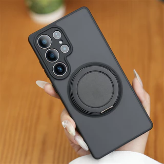 SAMSUNG หรูหรา 360° Rotatabl ขาตั้งโลหะเคสโทรศัพท์แม่เหล็กสําหรับSamsung Galaxy S25 S24 S23 Ultra Plus FE S25Edge Frosted Hard PCปกหลังTPU Soft Edgeปลอกกันกระแทก