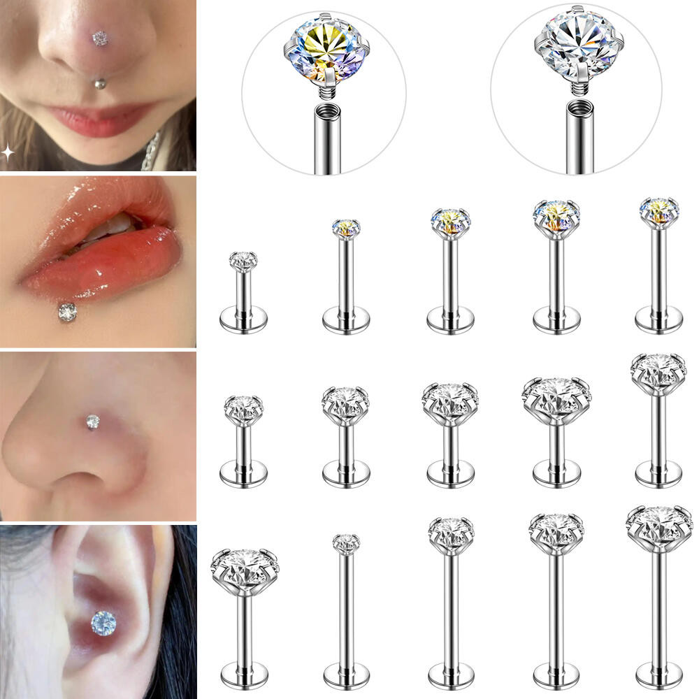 เหล็กสเตนเลสสตีล Lip Labret เจาะขนาด 2-6 มม. คริสตัล Multicolor เหมาะสำหรับการเจาะต่างหู Helix และ Conch