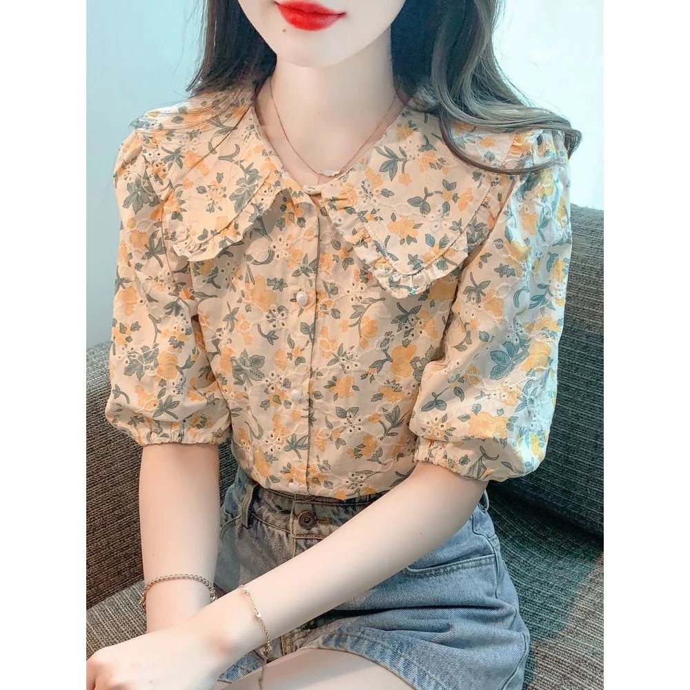 เสื้อลายดอกไม้ผู้หญิง ไซส์ S-2XL แขนสั้น ทรงหลวม สไตล์เกาหลี