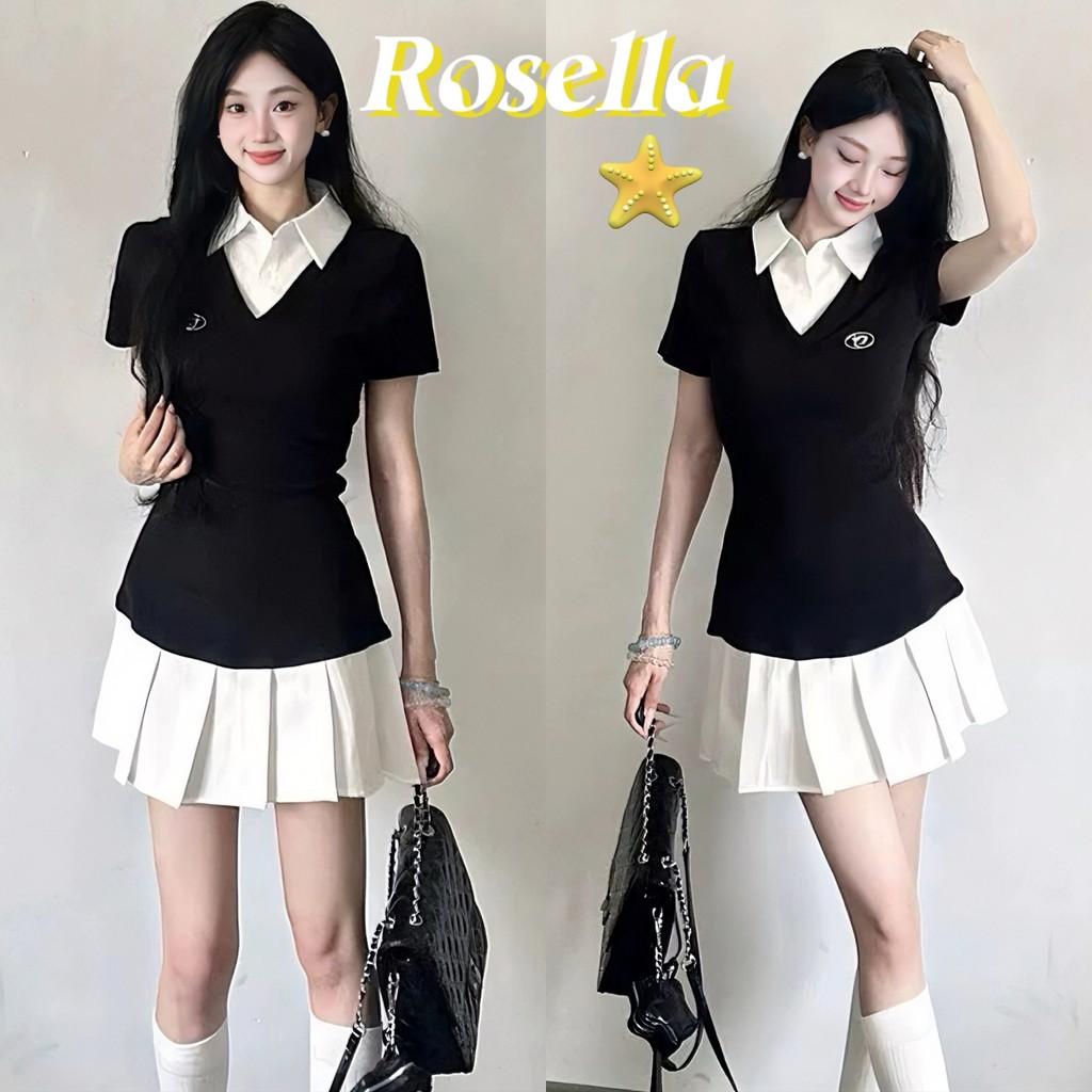 Rosella✨ชุดเดรสคอโปโลแขนสั้นสไตล์เกาหลี หน้าร้อน สไตล์อเมริกัน หวานๆ เผ็ดๆ เอวเข้ารูป กระโปรงสั้น สุดเก๋