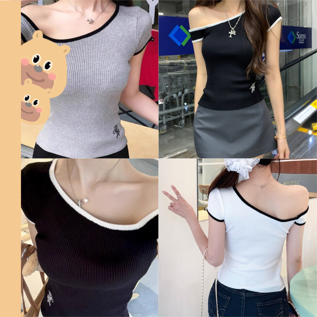 🎀bearbra🎀พร้อมส่งกาง เสื้อปาดไหล่ สีขาวรัดรูปแบบสั้นเสื้อเปิดหลัง เสื้อครอป โชว์ สะดือเซ็กซี่สาวฮอต ออกแบบไหล่เปิดเฉียง ถักสีตัดกัน ขอแนะนำอย่างยิ่ง