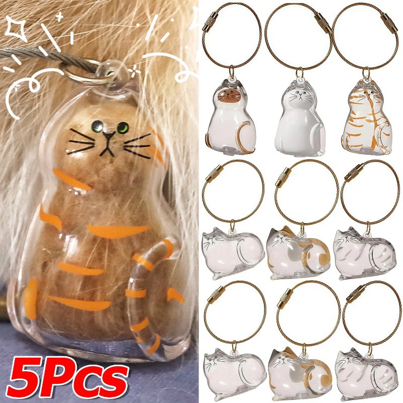 พวงกุญแจอนุสรณ์ขนแมวสําหรับเจ้าของแมว-กล่องเก็บขนสัตว์เลี้ยงโปร่งใส-อุปกรณ์เสริมอนุสรณ์น่ารักสําหรับคีย์/ถุง, 1/3/5ชิ้น