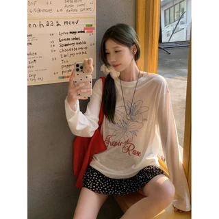 Cicishop(CM2082) เสื้อยืดแขนยาวพิมพ์ลายดอกไม้ตัวอักษรผ้ายืด ผ้าโปร่งบางๆสไตล์แฟชั่นเกาหลี