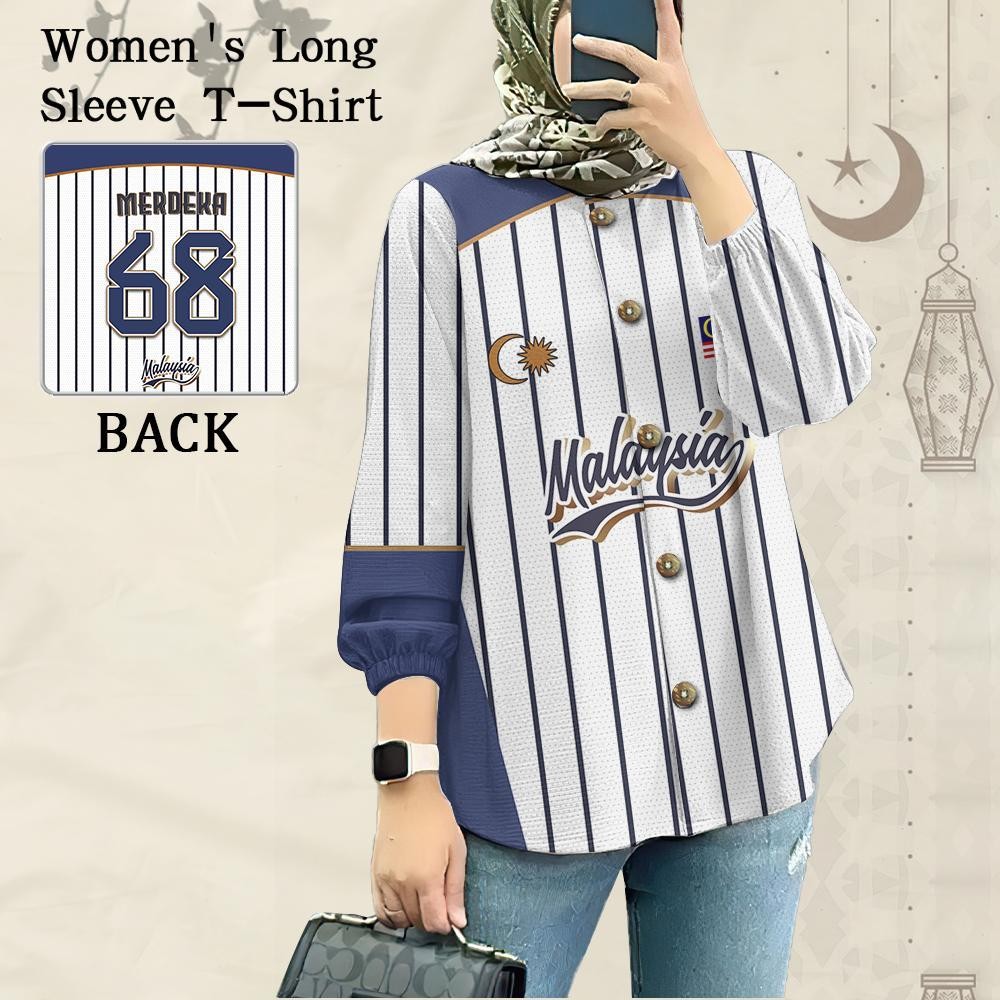 2025 Baju Raya Muslimah เสื้อ 68th Baju Merdeka Diwali เสื้อแขนยาวผู้หญิงแขนพัฟดอกไม้รอบคอปุ่มด้านบน