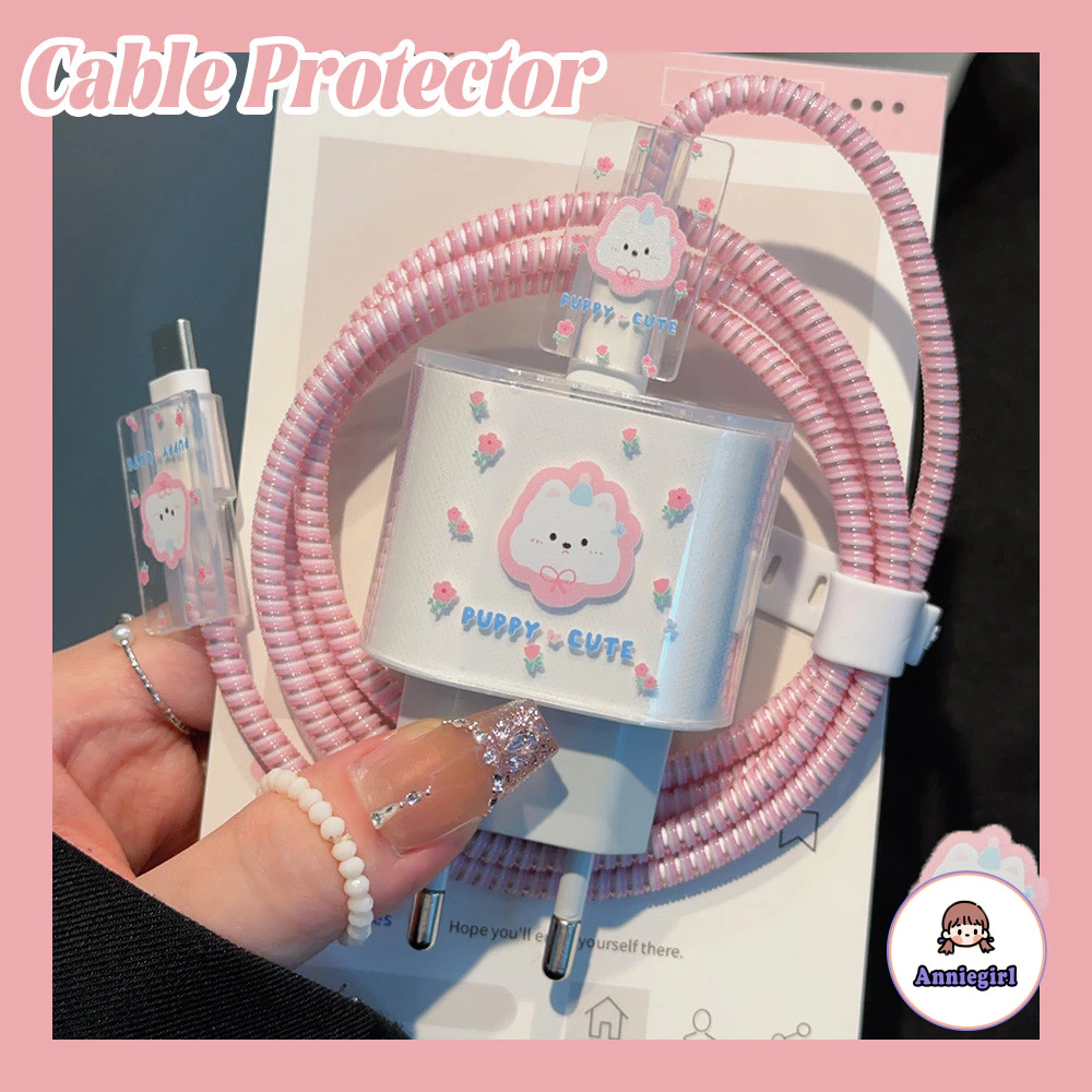 EURO น่ารักลูกสุนัขดอกไม้โปร่งใส Charger Protector สําหรับ Iphone 20W สีชมพูป้องกันการ Breakage Data Line Winder สวมใส่สาย Winder Protector สําหรับ USB/Type-C