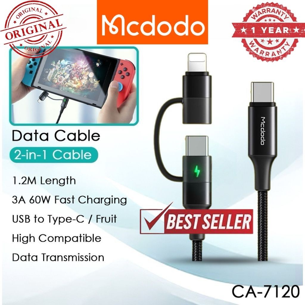 Mcdodo CA-712 2-in-1 Data Cable 60W Fast Charging Cable Type-C Kabel Mcdodo CA-7120 Mobile Cable Mcd