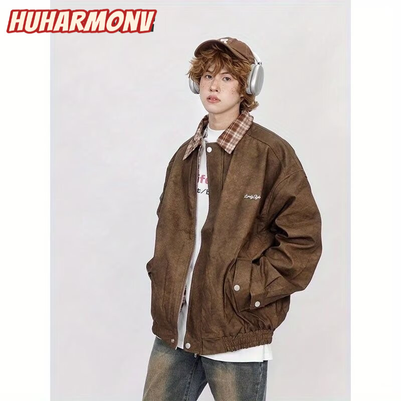 Ocshean Mens Coat Couple All-Match Leather Coat American Retro Maillard Color