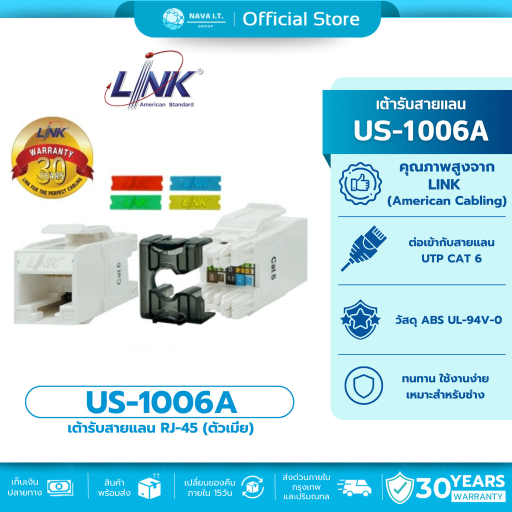 🛵มีส่งด่วน💨 LINK US-1006A CAT 6 RJ45 CAT6 RJ45 SIIM WHITE JACK COLOR CHAHGEABLE ตัวเมีย ประกัน 30ปี