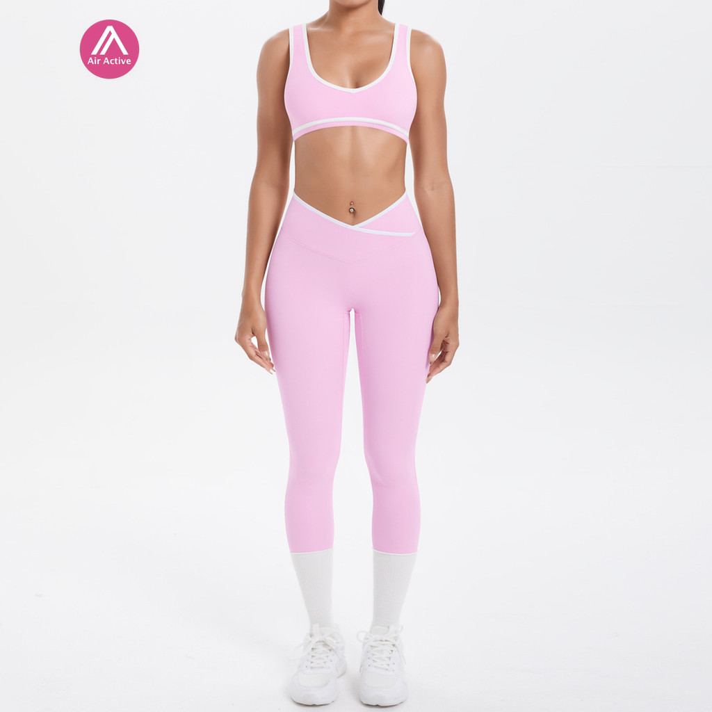 AirActive Yoga Sports Set Contrast Color Sports Bra And Cross Waist Yoga Leggings