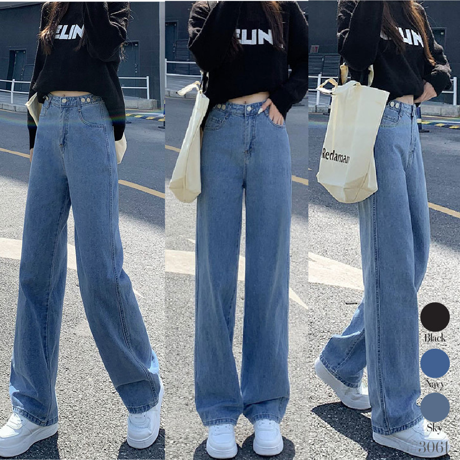 Ann.fashion กางเกงยีนส์เอวสูงปรับเอวได้ มีกระดุมที่เอวปรับความยาว เนื้อผ้า ขากระบอก ใส่สบาย #3061