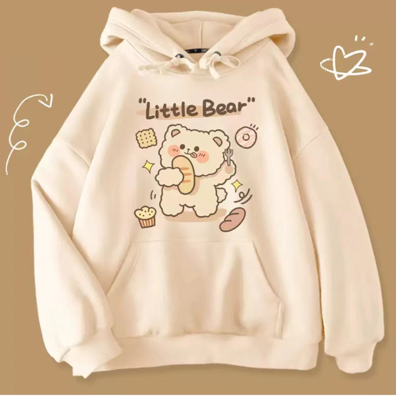 การ์ตูน คนอาหาร หมีน่ารักพิมพ์เสื้อกันหนาวคลุมด้วยผ้าผู้หญิงฤดูใบไม้ร่วง/ฤดูหนาวคู่ด้านบนหลวมการออกแบบความรู้สึก อินสตาแกรม แฟชั่น