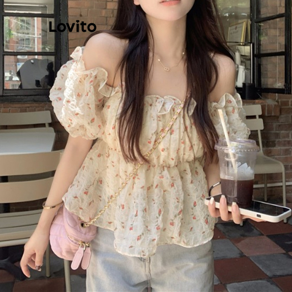 Lovito เสื้อเบลาส์ผู้หญิง พิมพ์ลายดอกไม้ สไตล์ลำลอง LNA54239