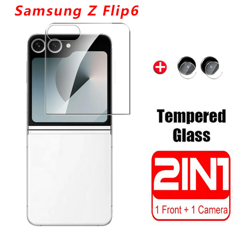 สําหรับ Samsung Galaxy Z Flip 6 5G 2024 ป้องกันหน้าจอ 2in1 คลุมทั้งหมดป้องกันกระจกนิรภัยสําหรับ Samsung ZFlip6 กล้องเลนส์ฟิล์ม