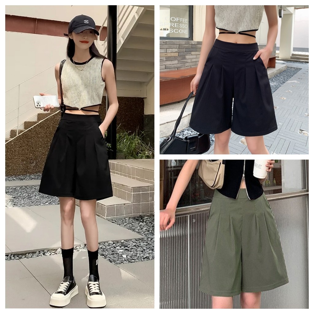 Luna Shop🍒 2024รุ่นใหม่ ผู้หญิงเอวสูงบางสไตล์เกาหลีกางเกงขากว้างตรงสำหรับฤดูร้อน