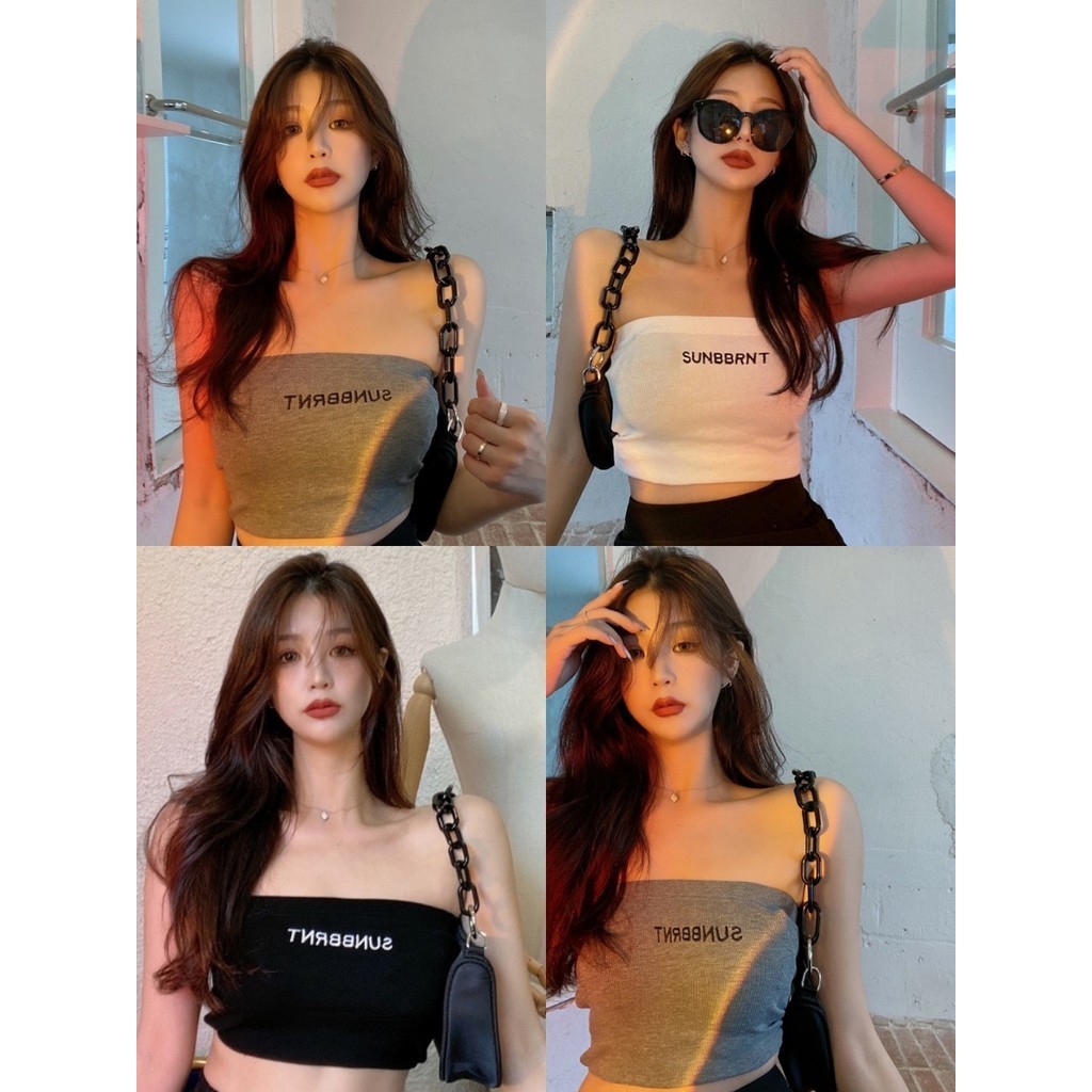Bonnie เกาะอก เซ็กซี่ แขนกุด ผ้าร่องไหมพรม crop top ผ้ายืด เสื้อผ้าผู้หญิง สบายๆทรงสวยเข้ารูป#FY4832