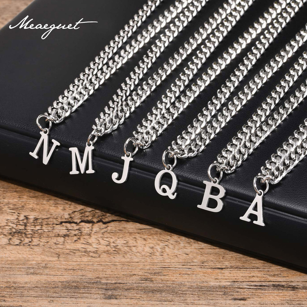 Meaeguet 5 มม.สแตนเลสสร้อยคอเริ่มต้นสําหรับผู้ชาย, AZ จี้ตัวอักษร Cuban Link Chain สําหรับแฟนเครื่องประดับ ฮิปฮอป