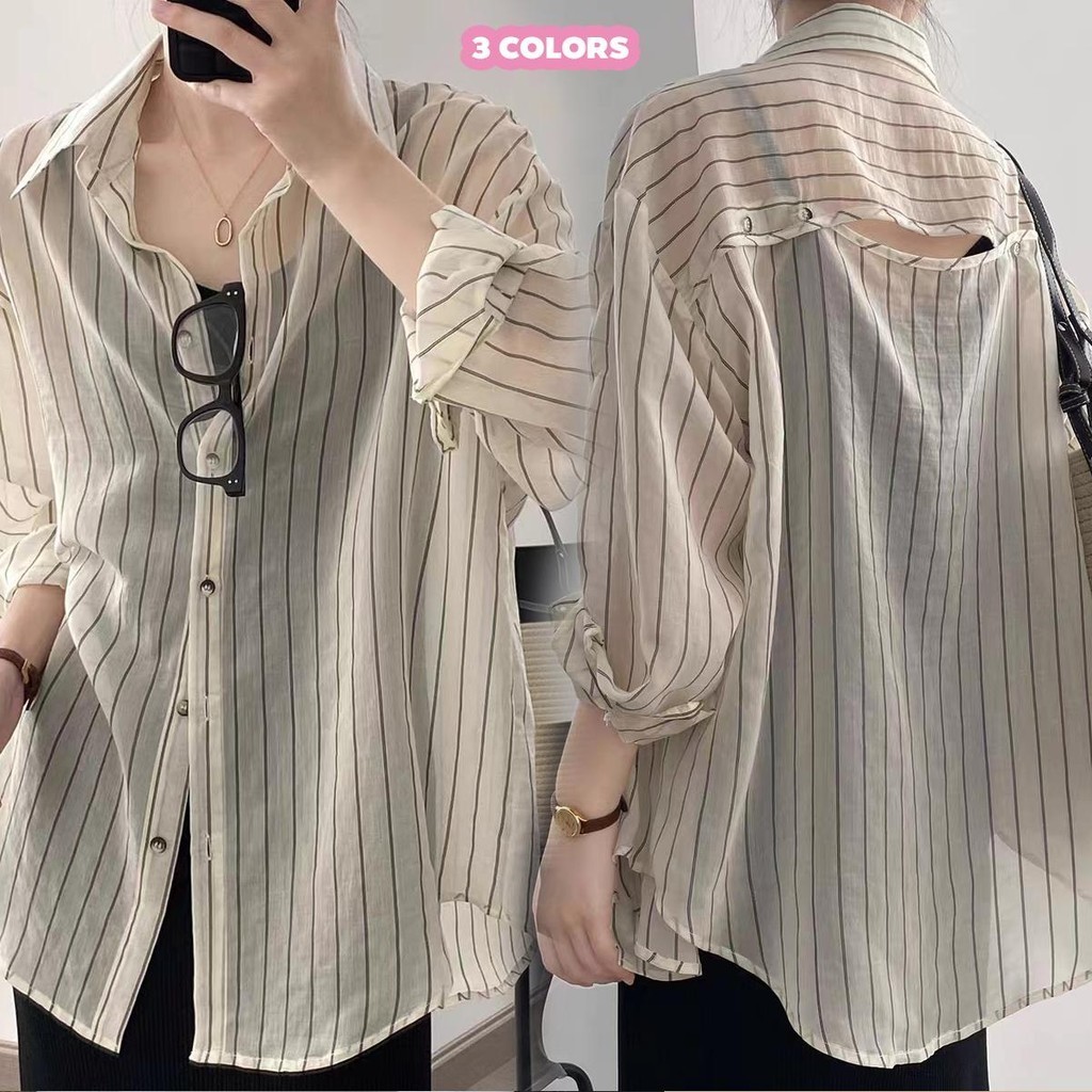 MIMI&DIDI W412/X6604 เสื้อเชิ้ตลายทาง เสื้อกันแดดบางแขนยาวลำลองผู้หญิง กระดุมกรีดที่ด้านหลัง แฟชั่น ย้อนยุคและสง่างาม