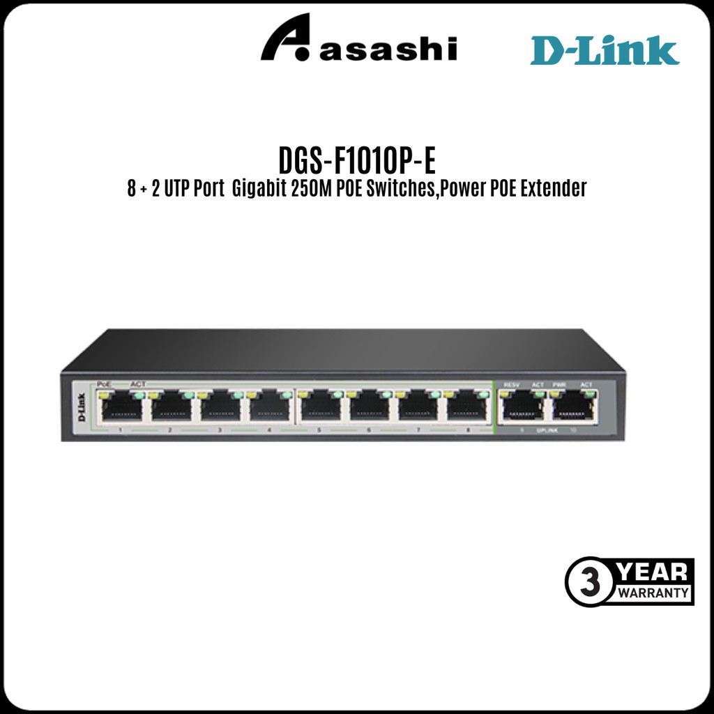 D-Link DGS-F1010P-E 8 + 2 พอร์ต UTP Gigabit 250M POE Switches,Power POE Extender(POE Budget 90W)