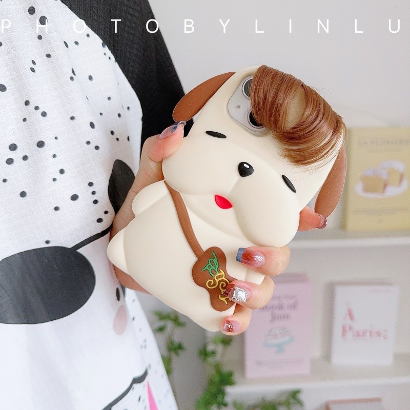 สนุก 3D ยาวขนสุนัขเคสซิลิโคนสําหรับ iPhone 11 12 13 14 15 Pro Max Beige ปลอกปกอ่อนสําหรับ iPhone14Promax กรณี