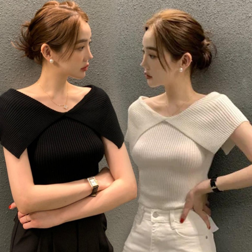 MIMI&DIDI#❤️1725❤️เสื้อไหมพรมแขนสั้น เสื้อยืดสไตล์อ่อนโยนบางฤดูร้อนใหม่ของผู้หญิงปิดไหล่บางเพรียวบาง แฟชั่นสไตล์เกาหลี