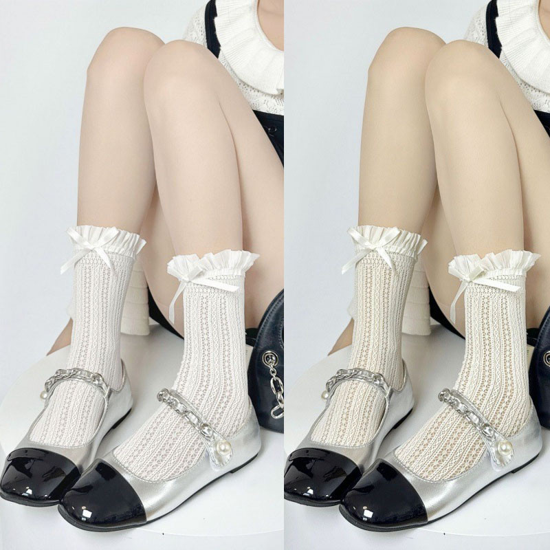 ถุงเท้าผู้หญิง JK Lolita ถุงเท้าโบว์ การออกแบบลูกไม้ สไตล์บัลเล่ต์ หวานและน่ารัก