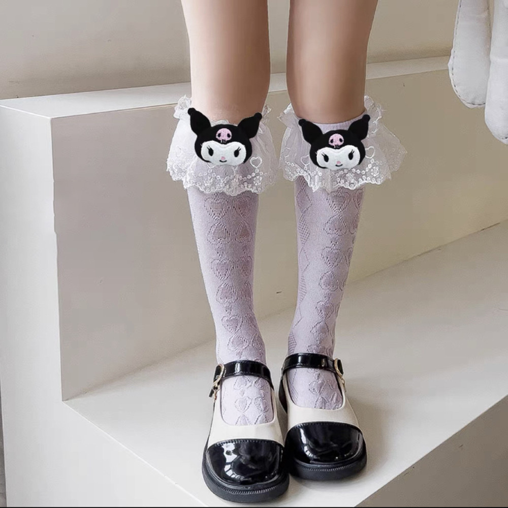 Girls Kuromi Lolita ถุงเท้ากลางหลอดน่ารักและอเนกประสงค์ฤดูใบไม้ผลิและฤดูร้อนเด็กลูกไม้ถุงเท้าผีเสื้อ