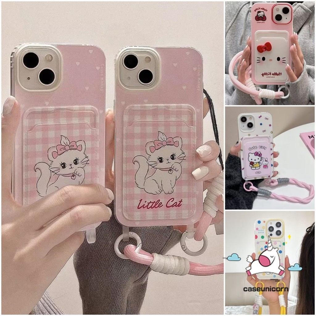 การ์ตูนcandy Hello Kittyแมวน่ารักDoodleสําหรับIPhone XR 11 15 14 13 12 Pro Max X 7 8 6s 6 15 Plus XS Max SE2020 Creative Double Lanyardกระเป๋าสตางค์ช่องใส่การ์ดกรณี