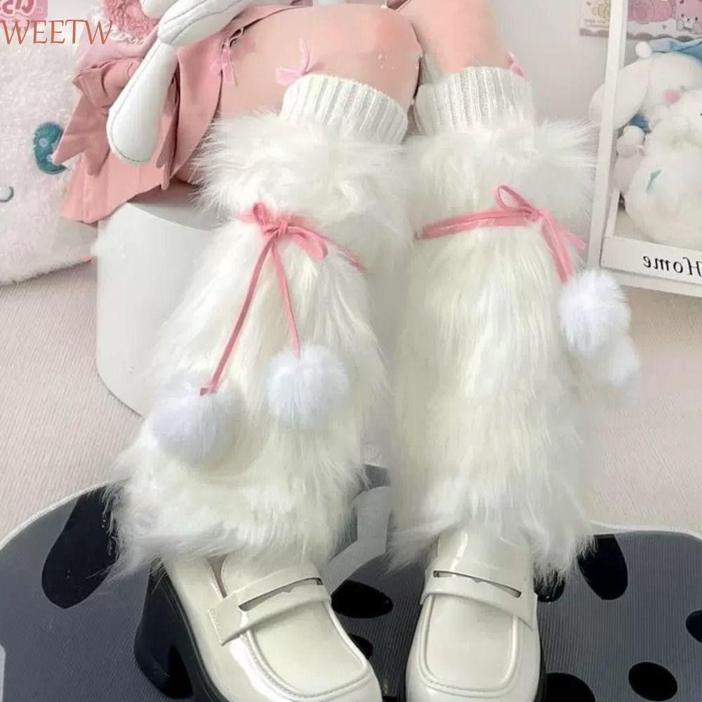 Weekw Furry ขาอุ่น, แฟชั่น Lace Up Balls Boot Cover ถุงเท้า, สีขาว Y2K สาวหนาสไตล์ญี่ปุ่นถุงเท้ายาว Lolita