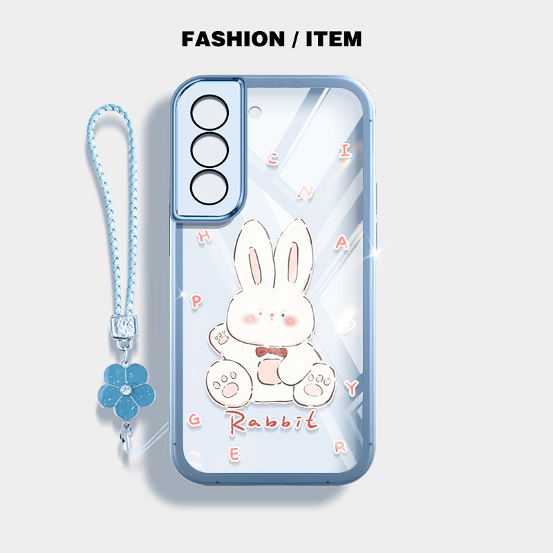 SAMSUNG กระต่ายสีขาวน่ารักกันกระแทกเคสโทรศัพท์สําหรับsamsung Galaxy S22 S23 S24 Plus S22 S23 S24 Ultra S23 S24 FE S22+ S23+ S24 + ปลอกโปร่งใสฝาครอบป้องกันด้วยเชือกแขวนดอกไม้