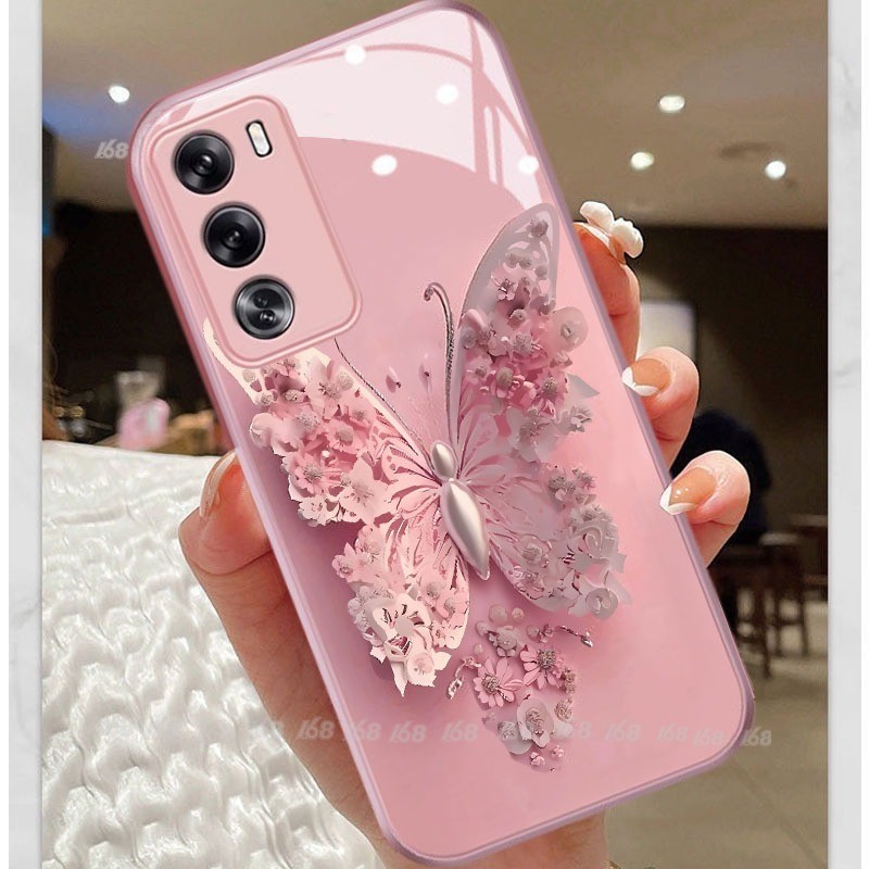 เคส OPPO Reno 12 11F Reno10 Reno11 8T 5G เคส OPPO Reno 10 11 12 Pro 5G เคสโทรศัพท์มือถือ ซิลิโคน กันกระแทก กันรอยเลนส์กล้อง ลายดอกไม้ ผีเสื้อน่ารัก พร้อมสายคล้อง สีเมทัลลิก หรูหรา สําหรับ
