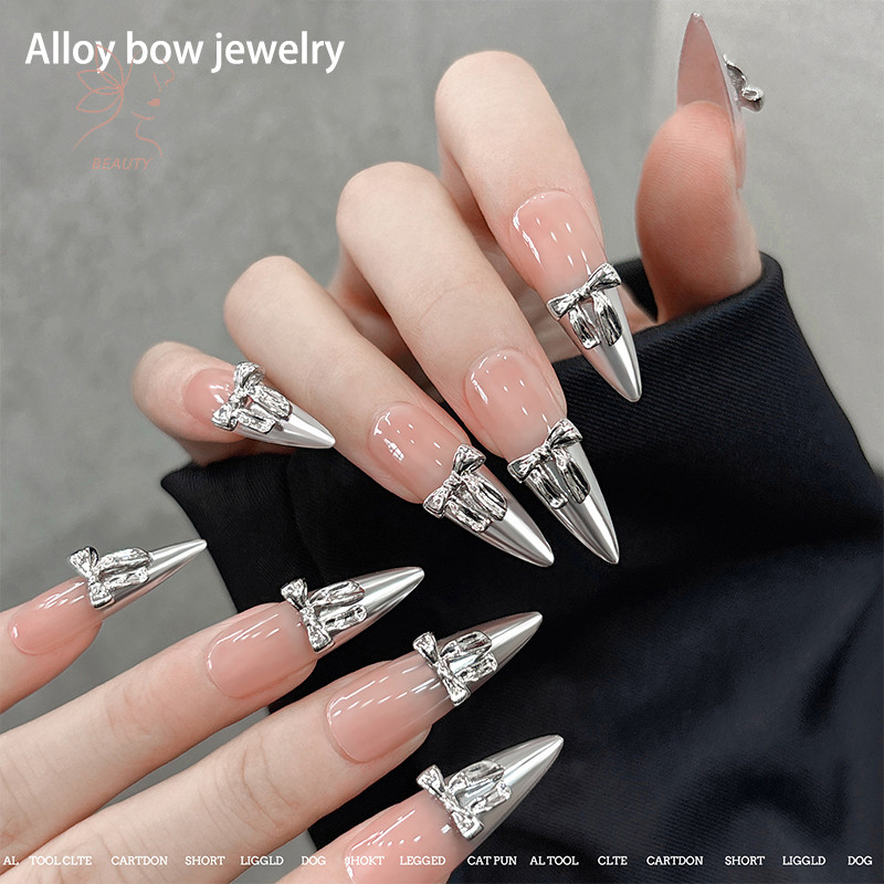 [maybeauty] 10 ชิ้นGlossy Silver Ribbon Nail Art Charm 3d Metal Alloy Bows Silk Ribbon Nail Decor Diy Retro Metallic Nail Accessories {TH}