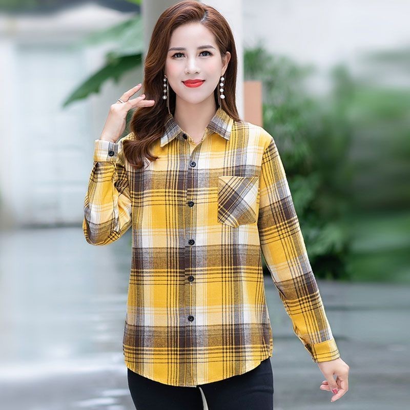 วัยกลางคนแขนยาวเสื้อลายสก๊อตผู้หญิงฤดูใบไม้ผลิฤดูใบไม้ร่วงสไตล์ใหม่หลวมเสื้อทั้งหมด