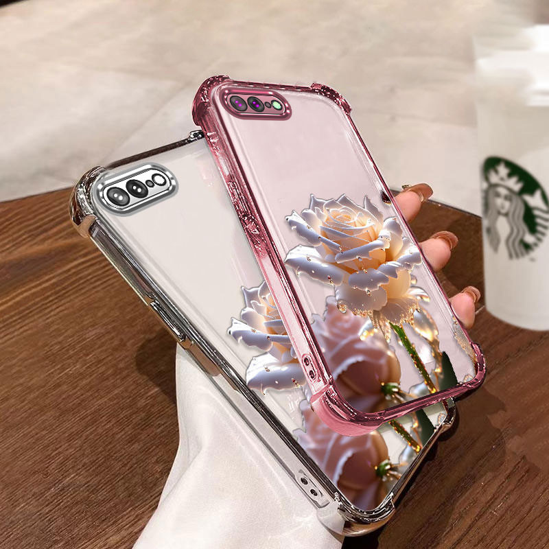 พร้อมฟิล์มเลนส์ เคส สําหรับ ไอโฟน 7 บวก 8 บวก เคสโทรศัพท์ล่าสุดชุบด้วยไฟฟ้าการ์ตูนคริสตัลลายดอกกุหลาบป้องกันการตกและกันกระแทกโทรศัพท์เคสนุ