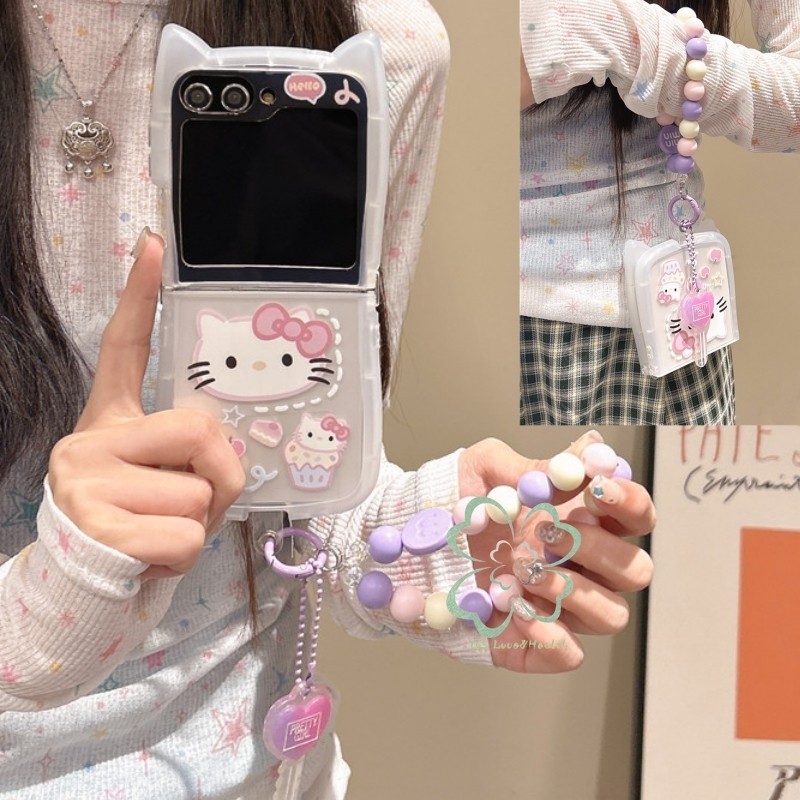 สร้อยข้อมือขอบหูแมวน่ารักเคสอ่อนใส Samsung Galaxy Z Flip 6 Z Flip 5 Z Flip 4 Z Flip 3 Casing with Link Buckle Anti-drop Cover Z Flip6 Flip5