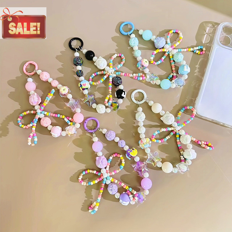 Bl สี Bowknot ลูกปัด Key Chain หวานโทรศัพท์จี้ W/Card Anti-Lost สายรัดข้อมือหูฟัง Lanyard กระเป๋าตกแต่ง A