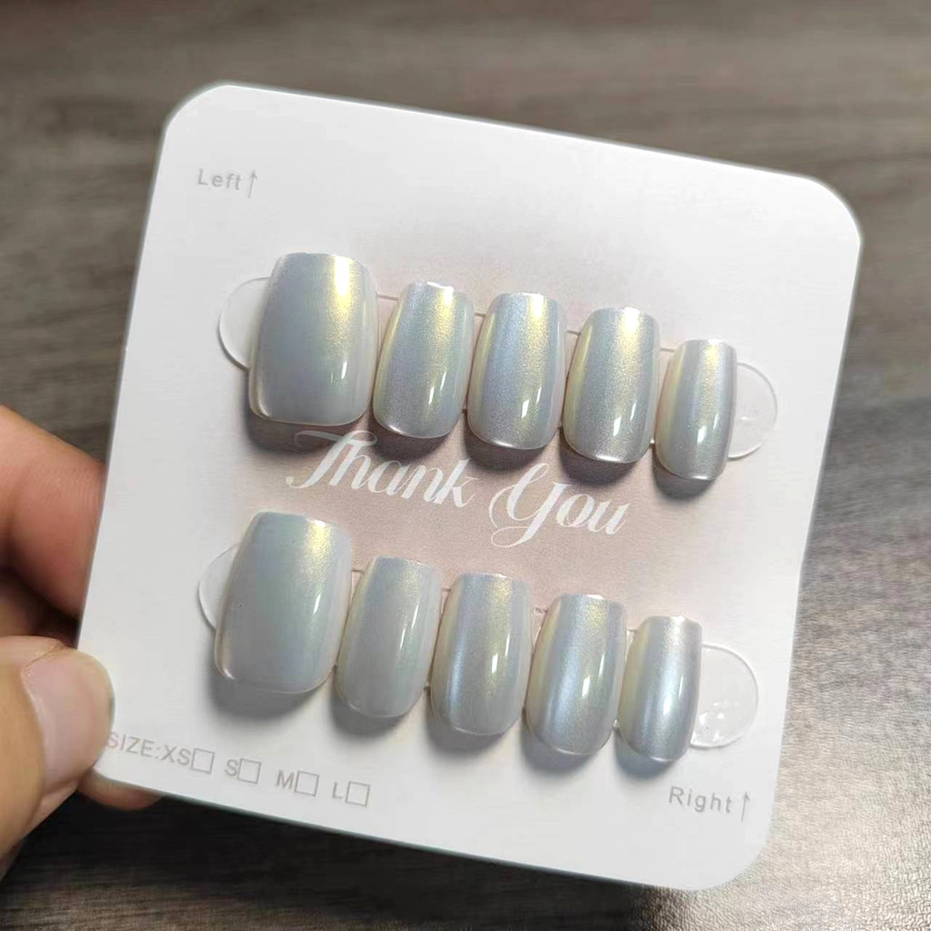 10pcs Cat Eye Handmade กดบนเล็บเล็บปลอมพร้อมสติกเกอร์กาว M169