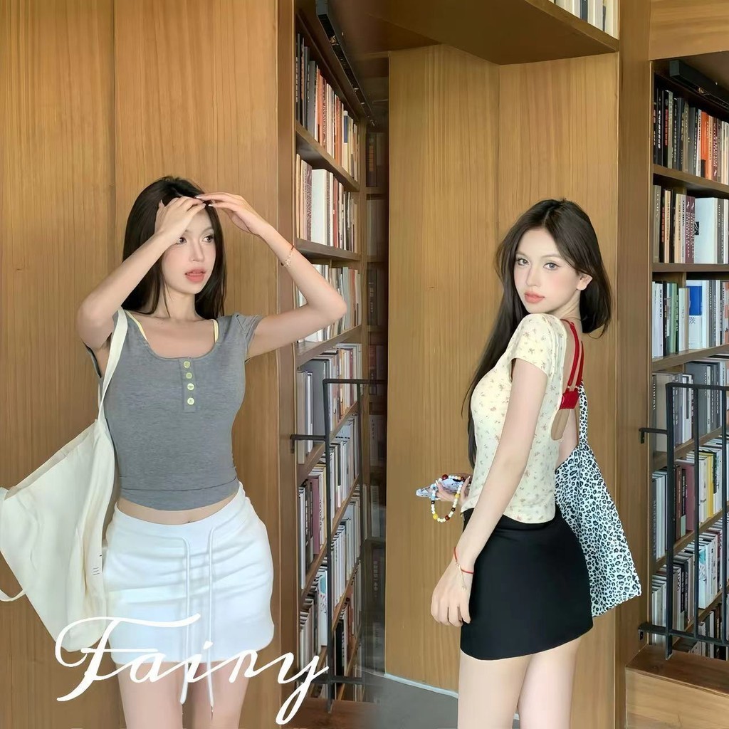 Fariy พร้อมส่ง เสื้อยืดแขนสั้นลายดอกไม้แสนหวานของผู้หญิงในดีไซน์ครอปไม่ซ้ำใครพร้อมแผ่นรองอก