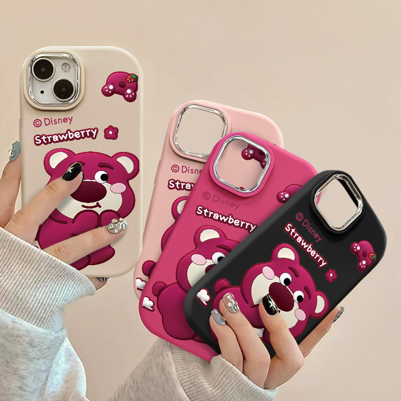 การ์ตูน Blushing สตรอเบอร์รี่หมีเคสโทรศัพท์สําหรับ IPhone 11 12 13 14 15 Pro MAX 7 8 Plus X XR XS MAX SE 2020 แฟชั่นออกแบบป้องกันกรณี