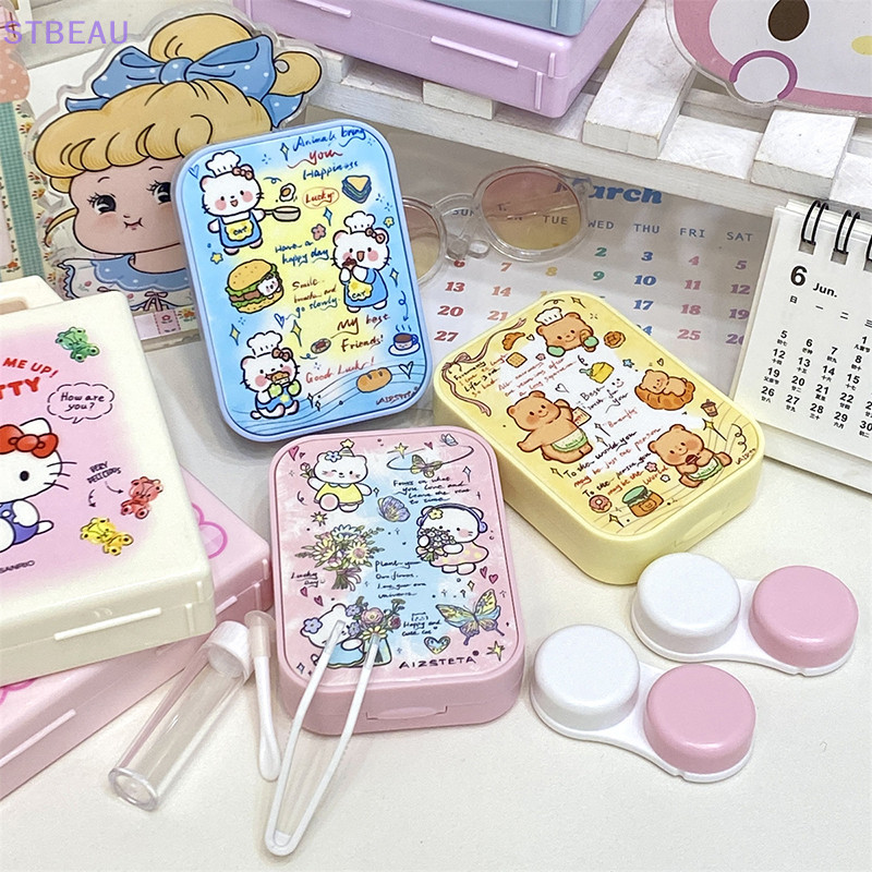 [cxSTBEAU] 2 คู่ Kawaii การ์ตูน Hello Kitty Butter Bear แบบพกพาคอนแทคเลนส์เลนส์สายตาสั้นคอนเทนเนอร์ก