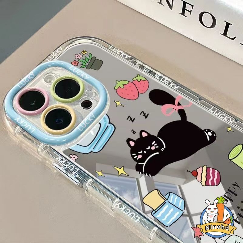 การ์ตูนแมวดําดอกไม้กระจกเครื่องสําอางสําหรับoppo A92 A31 A60 A38 A18 A7 A17 A16 A15 A3s A58 A57 A54 A79 4G 5G A53 2020 เคสโทรศัพท์กันกระแทกฝาครอบป้องกัน
