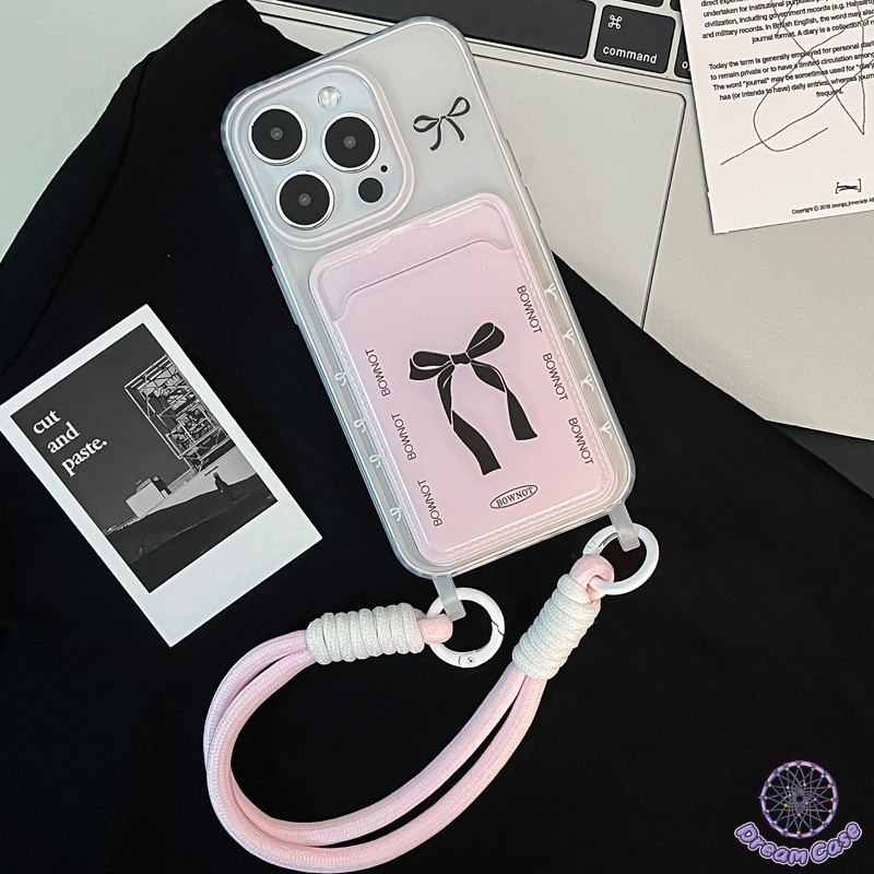 โบว์กระเป๋าสตางค์ช่องใส่บัตรสายคล้องคู่เคสเข้ากันได้กับ iPhone 7Plus 15 13 14 12 11 Pro Max XR X XS Max 15 7 8 14 Plus