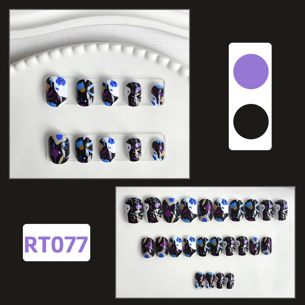 เล็บปลอม 24 ชิ้นสําหรับเด็กที่มีการออกแบบจับคู่สีดําและสีม่วงแฟชั่นระดับไฮเอนด์พร้อมกาวเยลลี่-RT077