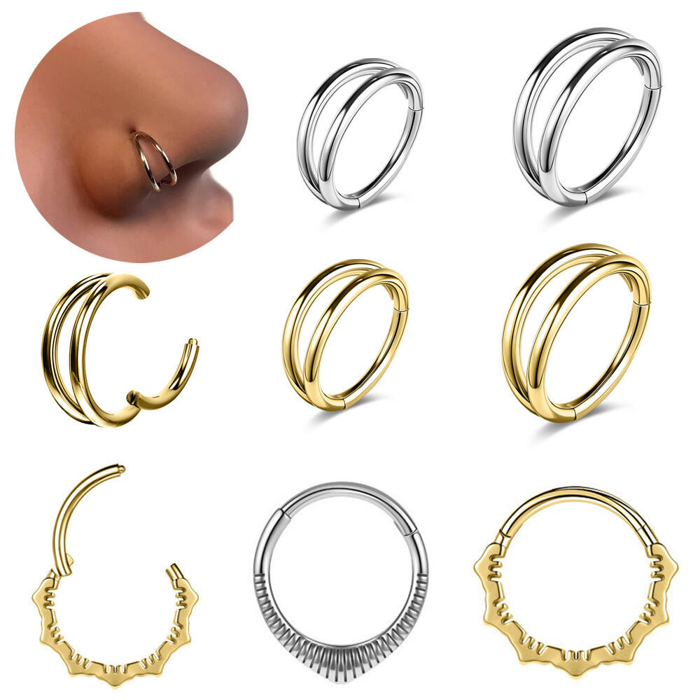 1 ชิ้นแหวนจมูกสแตนเลสทอง Septum แหวน 16G/18G เจาะจมูก Double Layer Septum เจาะหัวใจเจาะร่างกาย