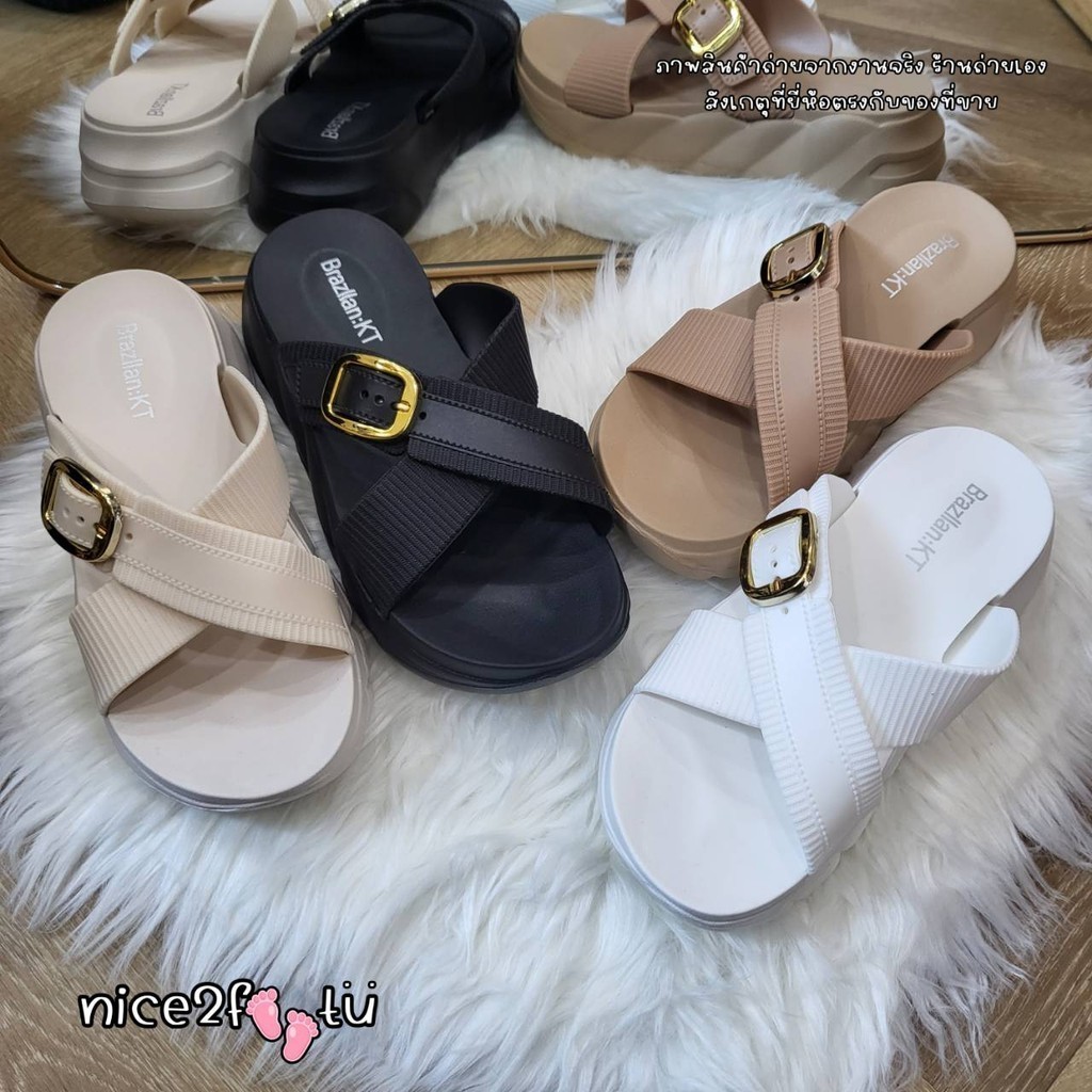 nice 2 feet u พร้อมส่งในไทยNEW 2318-1 รองเท้าแตะแต่งเข็มขัด เสริมส้น5cm รองเท้าแฟชั่นสำหรับผู้หญิง