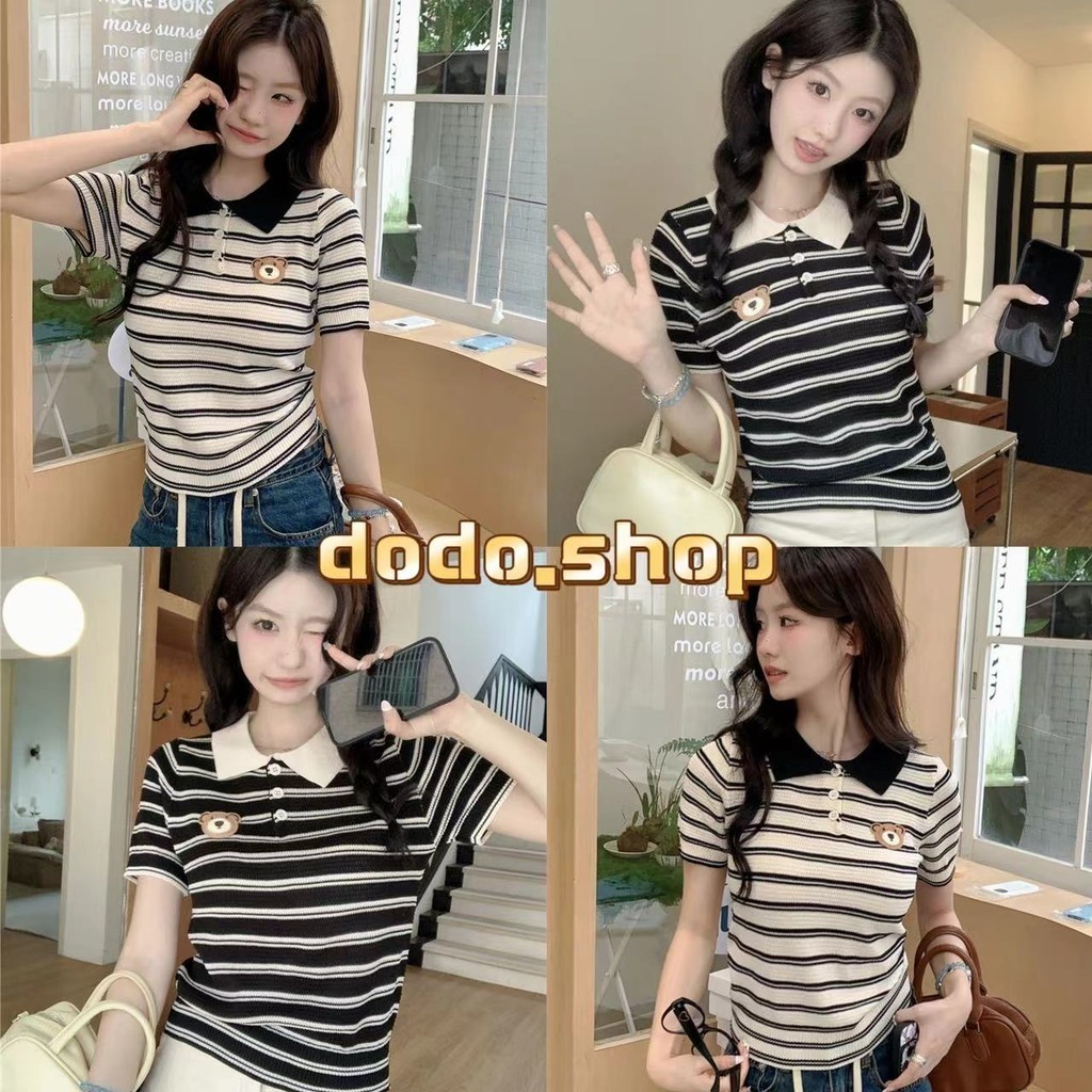DODO พร้อมส่งจ้า เสื้อโปโลแขนสั้น ปักลายหมีที่อกลายทาง เข้ากับทุกการแต่งกายสไตล์เกาหลี (M2346)
