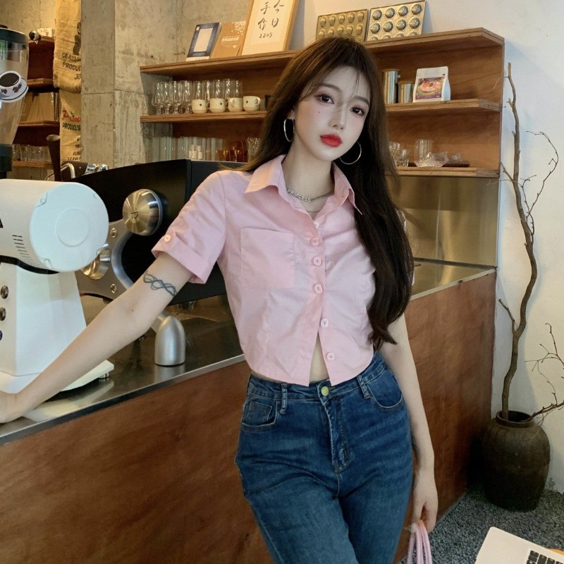 Fy เสื้อเชิ้ตแขนสั้น สีชมพู รุ่นสั้น เข้ารูป แฟชั่นเวอร์ชั่นเกาหลี