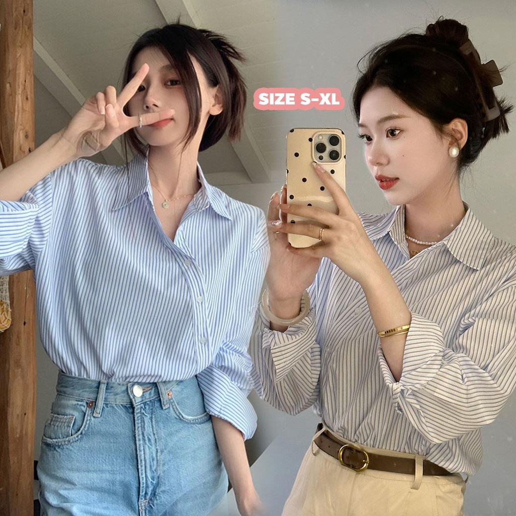 MIMI&DIDI#เสื้อเชิ้ตลายทางโปโลคอปกลายปุ่มไม่สม่ำเสมอ แขนยาว สไตล์เกาหลีสำหรับผู้หญิงแฟชั่น เสื้อหลวมเรียบง่าย#W450